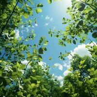 AI generated Fresh Green Leaves with Cloudy Blue Sky View. Generative AI photo