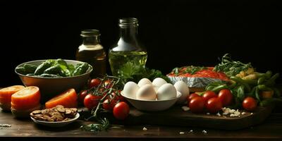 ai generado arreglo de crudo carne, leche, huevos, y vegetales en negro antecedentes. generativo ai foto