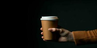 AI generated Female Hand Holding a Brown Coffee Paper Cup on Black Background. Elegant Coffee Cup Mockup. Generative AI photo