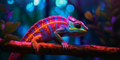 AI generated Colorful Chameleon Perched on a Tree Branch with Vibrant Neon Light Effect. Digital Art. Generative AI photo