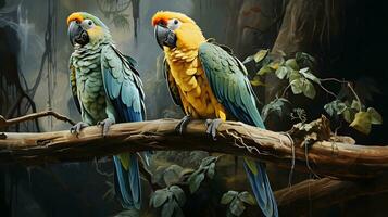 AI generated Exotic and Colorful Parrots Perched on a Branch. Generative Ai photo