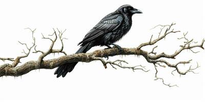 AI generated Crow Perched on a Tree Branch Isolated on White Background. Raven. Generative AI photo