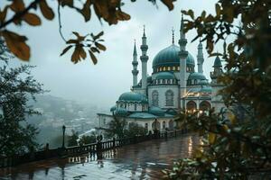 AI generated Beautiful mosque with an atmosphere after the rain, in the afternoon. Generative AI photo