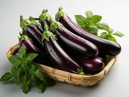 AI generated Fresh Eggplant with Water Droplets. Group of Aubergine. Generative AI photo