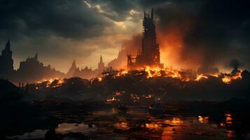 AI generated City Burns After Missile Explodes During War. Doomsday Disaster. Generative Ai photo