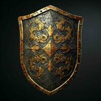 AI generated Rusty Medieval Shield with War Torn Effect Isolated on Black Background. Generative AI photo