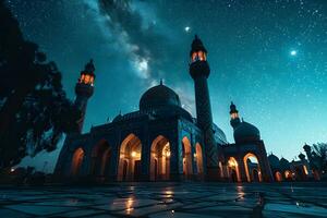 AI generated A Magnificent Mosque with a Beautiful Sky View at Sunset. Generative AI photo