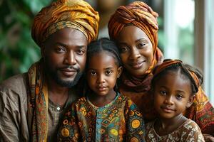 ai generado retrato de un contento africano musulmán familia en tradicional ropa. generativo ai foto