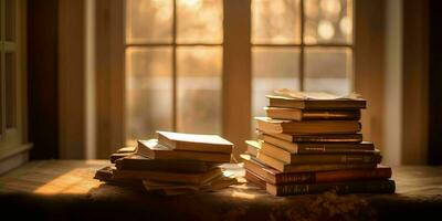 AI generated Stack of Books on a Wooden Table with Window and Sunlight in the Background. Generative AI photo