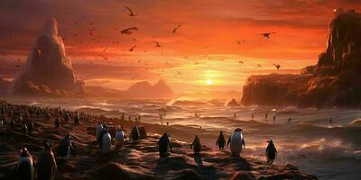 AI generated Penguin Colony on the Beach with Beautiful Sunset View. Generative AI photo