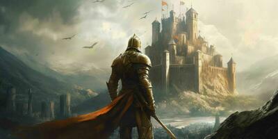 AI generated A medieval warrior with a Majestic castle in front of him. Generative AI photo