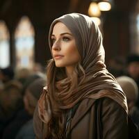 ai generado hermosa musulmán mujer en hijab se sienta en mezquita, escuchando a sermón, generativo ai foto