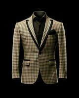 AI generated Elegant Beige Men's Suit with Gingham Motif Isolated on Black Background. Generative AI photo