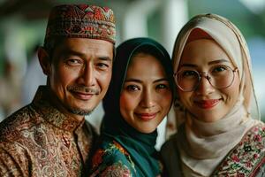 ai generado retrato de un contento asiático musulmán familia en tradicional ropa. generativo ai foto