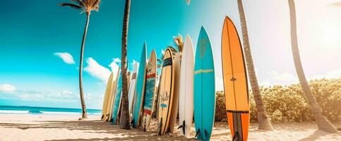 ai generado tabla de surf en el playa con azul cielo vista. generativo ai foto