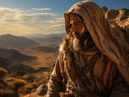 ai generado un barbado y de pelo largo medio oriental hombre vistiendo un Pañuelo en el desierto. generativo ai foto