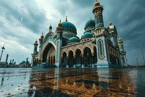 ai generado hermosa mezquita con un atmósfera después el lluvia, en el tarde. generativo ai foto