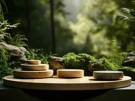 AI generated Wooden Product Display Podium with Nature Background. Natural Product Placement Pedestal Stand. Generative AI photo