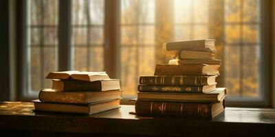 ai generado apilar de libros en un de madera mesa con ventana y luz de sol en el antecedentes. generativo ai foto