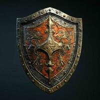 AI generated Rusty Medieval Shield with War Torn Effect Isolated on Black Background. Generative AI photo