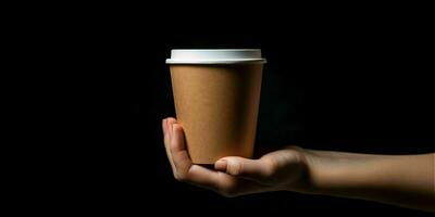 AI generated Female Hand Holding a Brown Coffee Paper Cup on Black Background. Elegant Coffee Cup Mockup. Generative AI photo