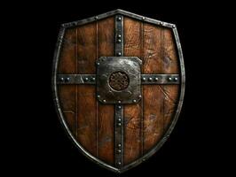 AI generated Medieval Wooden Shield with War Torn Mark. Generative AI photo