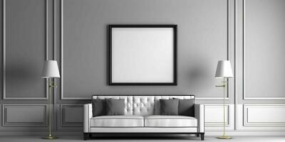 AI generated Modern and Minimalist Living Room Interior Design with Blank White Picture Frame Mockup. Generative AI photo