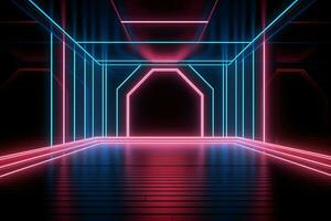 AI generated Modern Dark Room with Glowing Neon Lines with Retro 80s Style. Futuristic Interior with Laser Effect. Generative AI photo