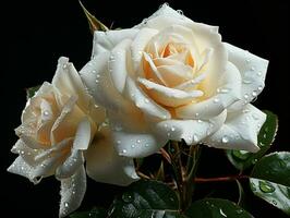 AI generated Blooming White Rose with Water Droplets on it Isolated on Black Background. Rose Close Up. Generative AI photo