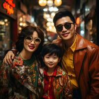 AI generated Portrait of a Small Happy Asian Family in Retro Fashion Style. Generative Ai photo