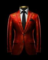 AI generated Luxury and  Elegant Red Men's Suit with Abstract Motif Isolated on Black Background. Generative AI photo