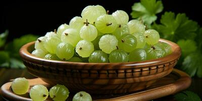 AI generated Fresh Ripe Green Gooseberries in Wooden Basket. Close up of Gooseberry. Generative AI photo