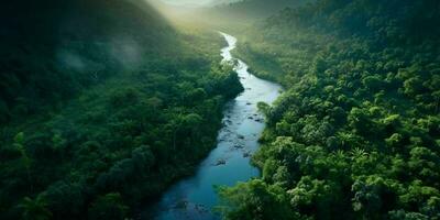 AI generated Aerial View of Green Forest and River. Generative AI photo