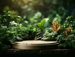 AI generated Wooden Product Display Podium with Nature Background. Natural Product Placement Pedestal Stand. Generative AI photo