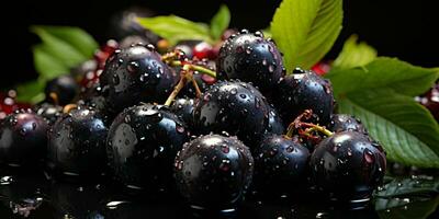 AI generated Fresh Acai Berry with Water Droplets Isolated on a Black Background. Euterpe oleracea. Generative AI photo