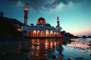 ai generado un magnífico mezquita con un hermosa cielo ver a puesta de sol. generativo ai foto