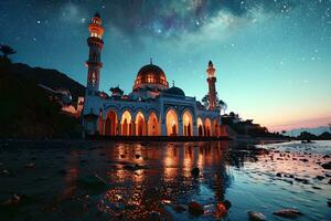 AI generated A Magnificent Mosque with a Beautiful Sky View at Sunset. Generative AI photo