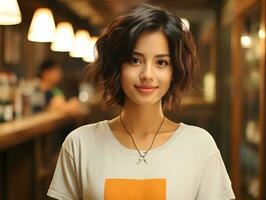 AI generated Portrait of Cute and Young Short Hair Asian Woman with Blurred Cafe Background. Generative Ai photo