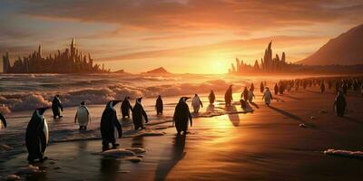 ai generado pingüino colonia en el playa con hermosa puesta de sol vista. generativo ai foto