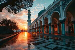 AI generated A Magnificent Mosque with a Beautiful Sky View at Sunset. Generative AI photo