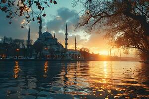 AI generated A Magnificent Mosque with a Beautiful Sky View at Sunset. Generative AI photo