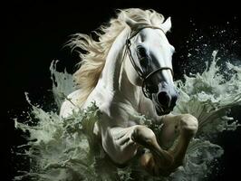 AI generated Strong White Horse Galloping with Water Splashes on Black Background. Generative AI photo