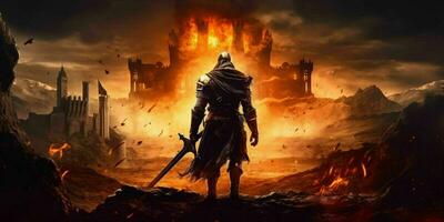 AI generated Armored Medieval Warrior in Front of a Ruined Castle. Knight in Armor. Generative AI photo