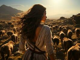 ai generado hermosa medio oriental mujer pastoreo cabras y oveja en el campo. un pastor mujer en el pastar. generativo ai foto