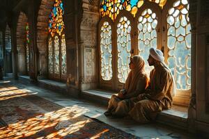 AI generated Muslim couple sitting in a mosque in traditional dress. Generative Ai photo