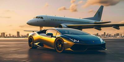 AI generated Luxury Car and Private Jet at the Airport. Business Class Service at the Airport. Generative AI photo