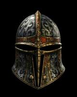 ai generado hierro medieval guerra casco aislado en negro antecedentes. generativo ai foto