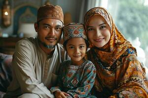 AI generated Portrait of a Happy Asian Muslim Family in Traditional Clothes. Generative AI photo