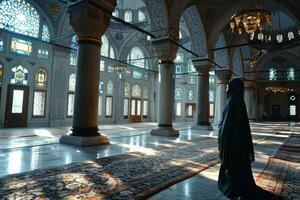 ai generado muslimah con niqab camina en el lujoso interior de un mezquita. musulmán mujer a mezquita. generativo ai foto