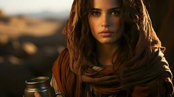 ai generado retrato de hermosa árabe mujer con increíble ojos en el desierto. medio oriental mujer. generativo ai foto